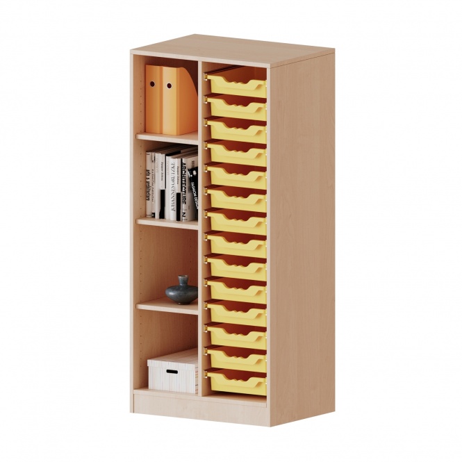 ErgoTray Regal, 2reihig, 4 OH, links 4 Fächer rechts 14 flache Boxen, B/H/T 70,3x154x40cm 